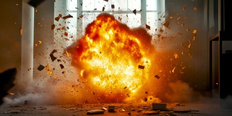 An intense explosion fills a room with fire and debris. The powerful blast creates smoke and chaos. This image depicts a dramatic moment, emphasizing destruction and energy. AI