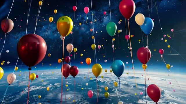 Assorted balloons ascending into a magical night sky with a celestial body of stars and nebulae