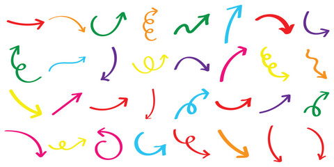 Set of Hand drawn vector arrows in doodle style isolated on white background. Vector illustration. EPS 10