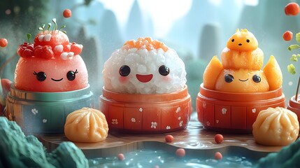 Charming steamed buns with cute faces in a magical hot spring. A delightful digital artwork. Whimsical illustration of cute dim sum character.
