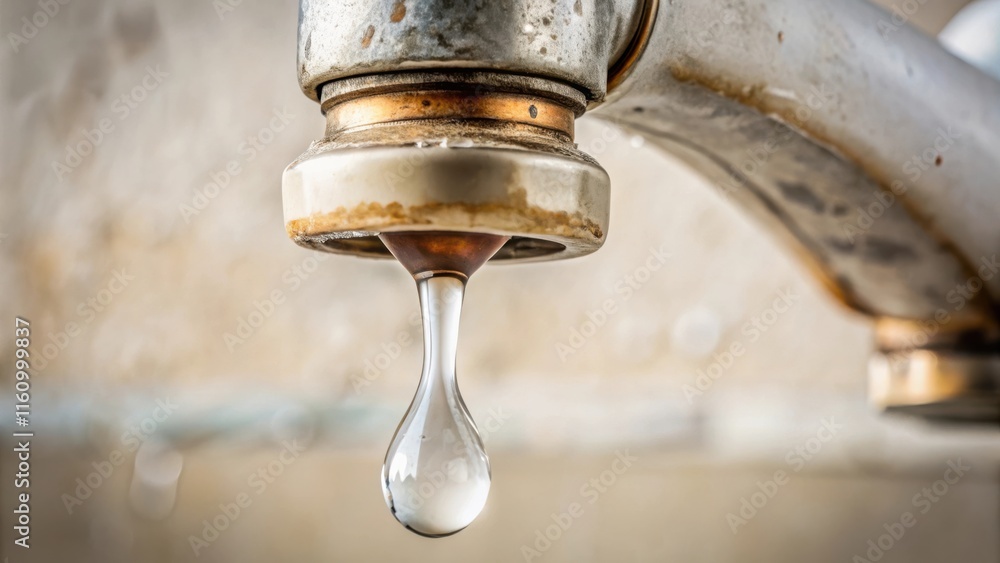Poster a single drop of water hangs precariously from a weathered faucet, a testament to the slow drip of t
