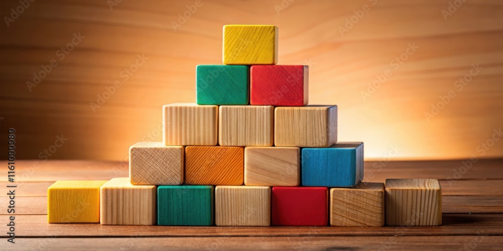 Poster a pyramid of colorful wooden blocks arranged in a symmetrical pattern, signifying growth, progress, 