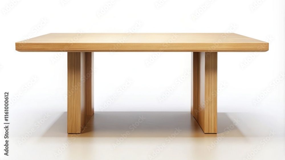 Poster A simple wooden table with a flat top and two square legs on each side, isolated on a white background.