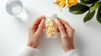 Obraz premium Hands holding a bottle of yellow capsules with a glass of water nearby