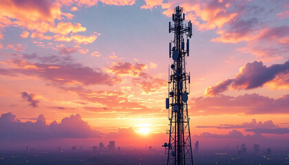 Fototapeta premium Sunset view over a city skyline with a telecommunications tower in the foreground