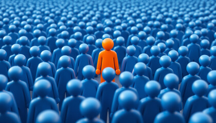 Obraz premium Unique figure stands out in a sea of blue silhouettes representing individuality and distinctiveness in a crowded setting