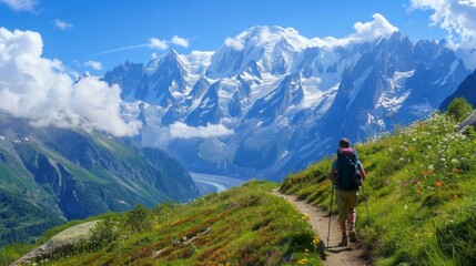Fototapeta premium Hikers with backpacks trekking through forest trail in the mountains during daytime.