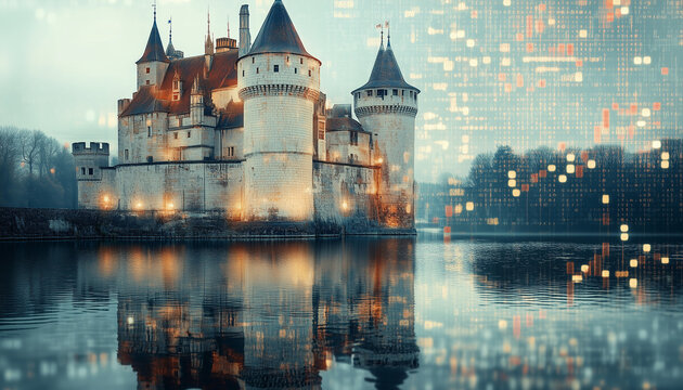 great white castle with moat and price ticker as double exposure