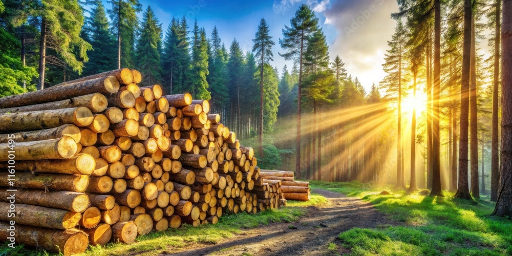 Poster A stack of felled logs sits at the edge of a sun-dappled forest, casting long shadows on the path