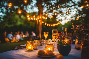 Festliches Beisammensein: Gemütliches Dinner unter leuchtenden Laternen im Garten

