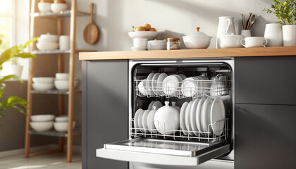Modern kitchen with a dishwasher loaded with clean dishes during the daytime
