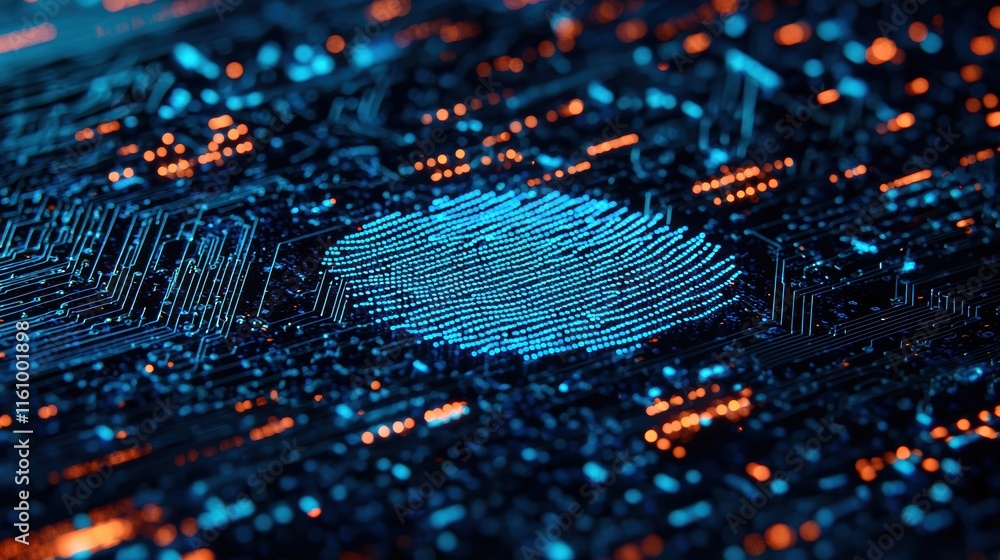 Poster blue and orange circuit design with abstract digital patterns