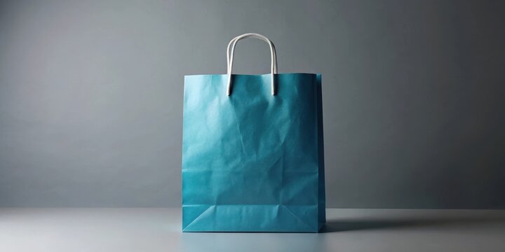 A teal paper shopping bag with white handles stands against a gray backdrop, ready to be filled with gifts and goodies.