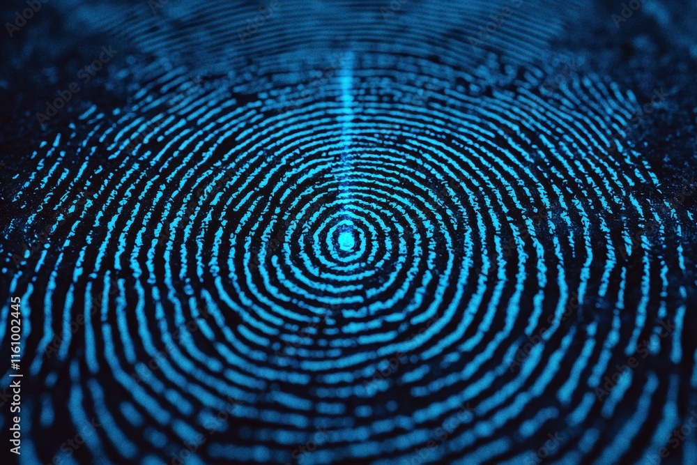 Poster blue circular pattern of fingerprints on dark background