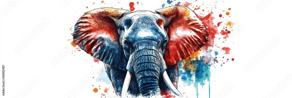 Poster bright and colorful illustration of an elephant with vibrant artistic splashes for creative mock up 