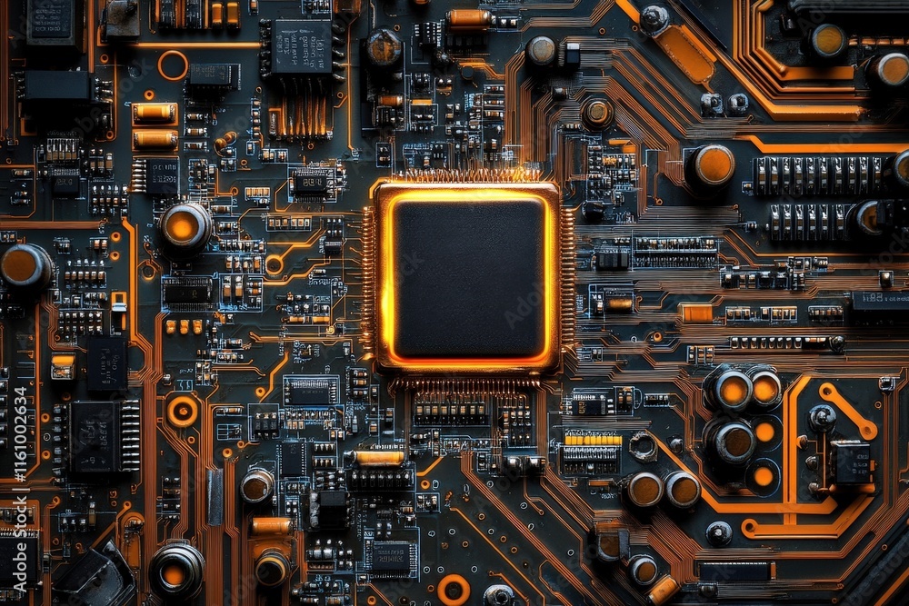 Poster close-up of a computer circuit board with a glowing processor