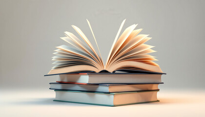 Fototapeta premium Open book resting on a stack of closed books under soft lighting in a serene environment