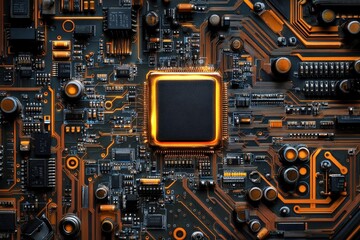 Fototapeta premium Close-up of a computer circuit board with a glowing processor
