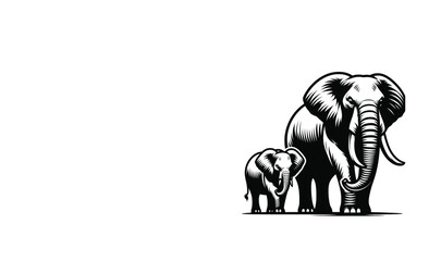 Obraz premium Elephant Black and White Vector Illustration, Mother and Baby Elephant Vector Art Illustration