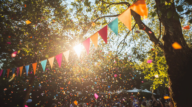 Bunte Wimpel: Festliche Atmosph&auml;re unter strahlendem Sonnenlicht

