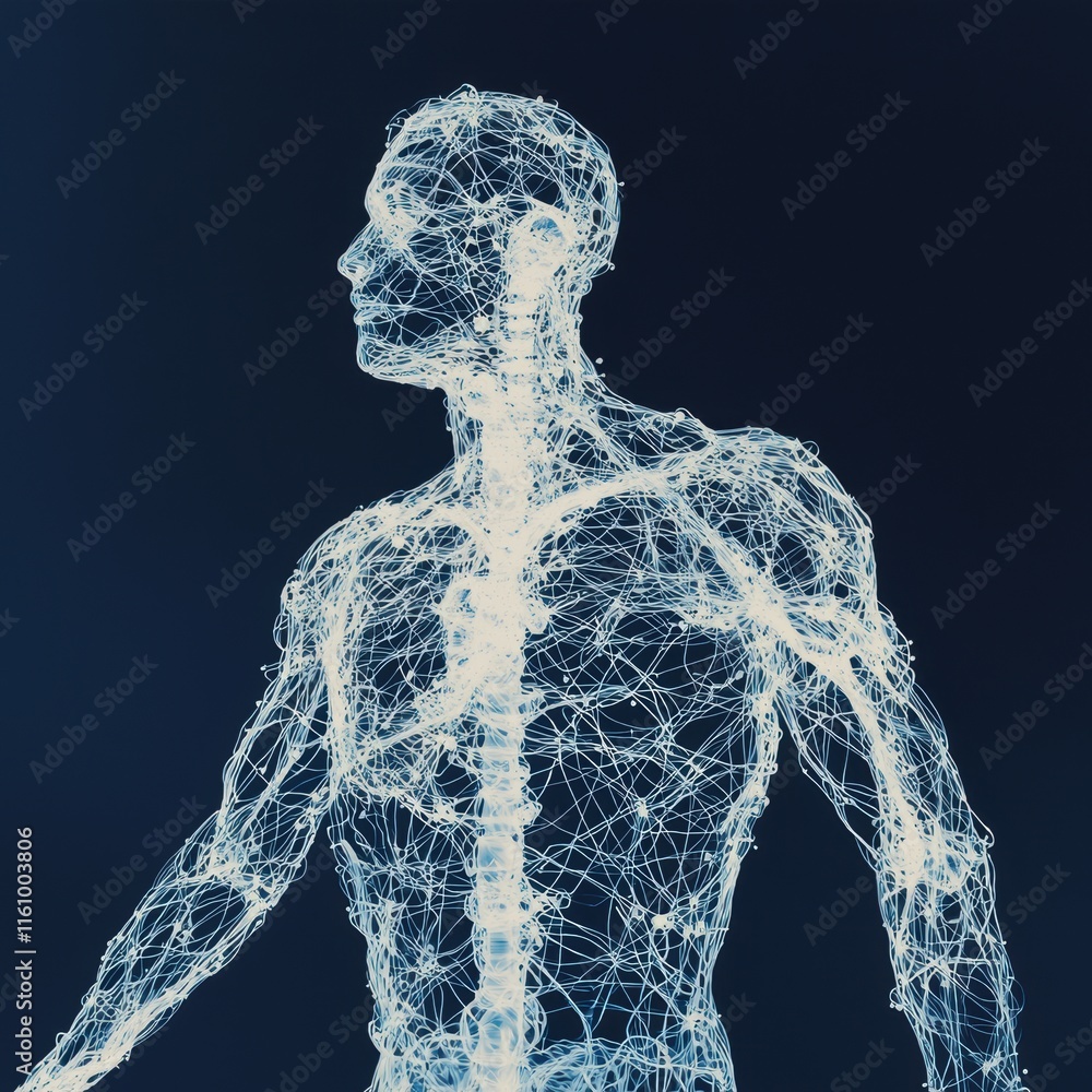 Poster human figure constructed from abstract digital lines and nodes