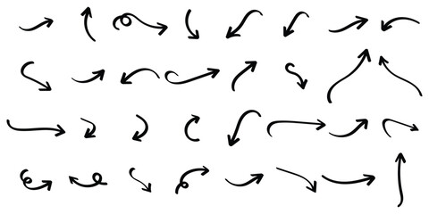 Set of black hand drawn arrow element vector. Collection of doodle arrows, lines, symbol, pointing mark, shapes on white background. Simple icon illustration for education, decoration, map. EPS 10