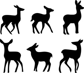 Collection of silhouettes of baby deer on transparent background