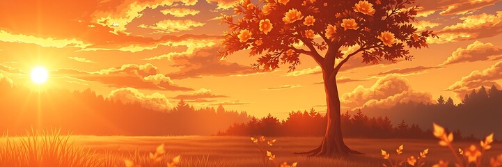 Warm golden hour light illuminates a beautiful anime landscape with tree