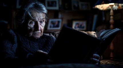 Elderly woman sitting alone with a confused expression, holding a photo album, symbolizing memory loss and dementia symptoms, emotional and reflective concept.
