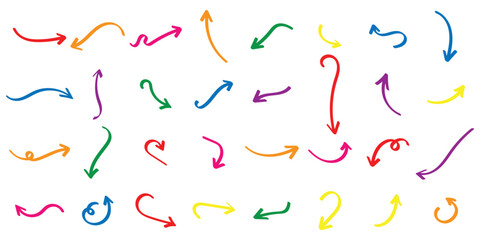 Hand drawn colorful vector doodle arrow set collection on white background.