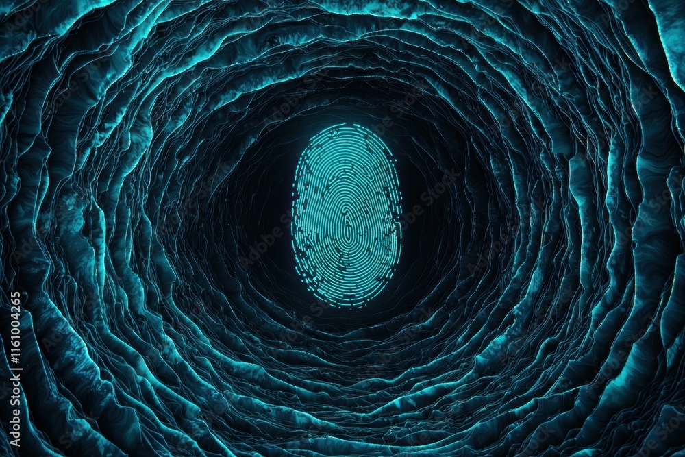 Poster digital fingerprint surrounded by abstract blue patterned tunnel