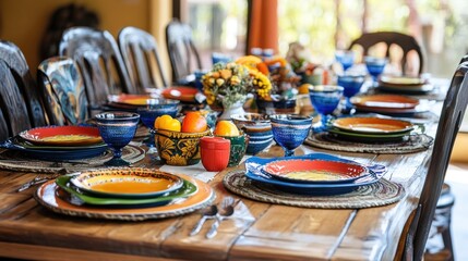 Festive autumnal table setting with colorful plates, glasses, and centerpiece.