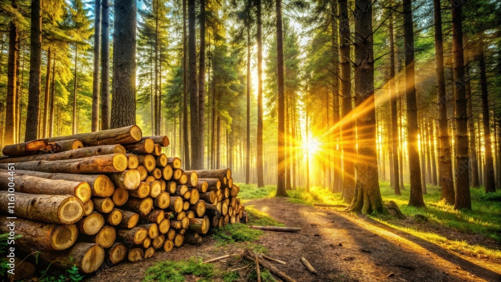 Poster sunlight streams through a dense forest, illuminating a pile of freshly cut logs on a dirt path, cas
