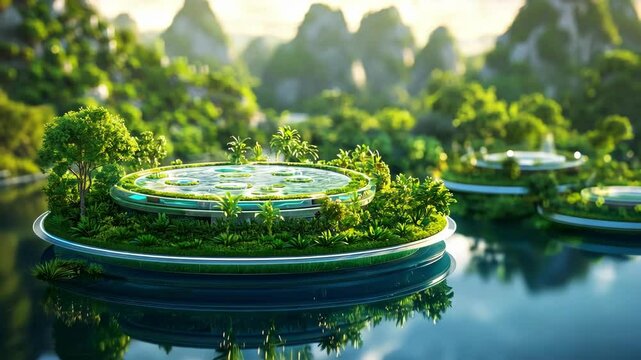 Futuristic green floating islands in tranquil landscape with lush vegetation