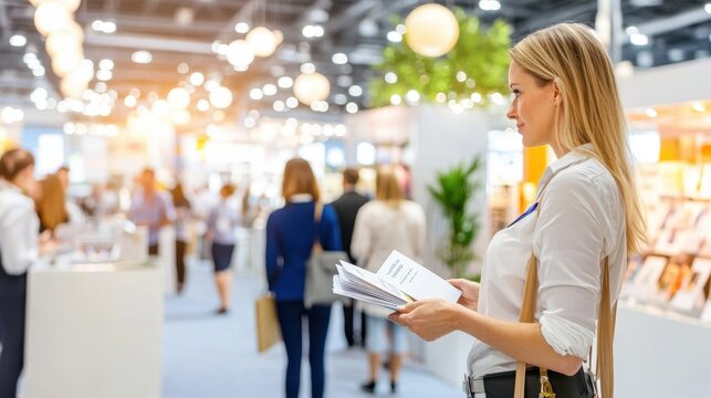 A woman in a white shirt holding brochures at a bustling trade show, surrounded by modern booths and vibrant lighting.