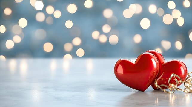 Two red hearts float in clear water surrounded by soft bokeh lights, creating a romantic setting perfect for celebrating love.