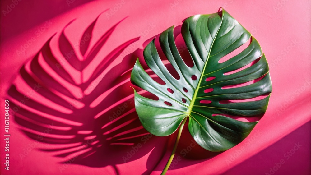 Poster a single tropical leaf casts a dramatic shadow on a vibrant pink surface, creating a dynamic interpl