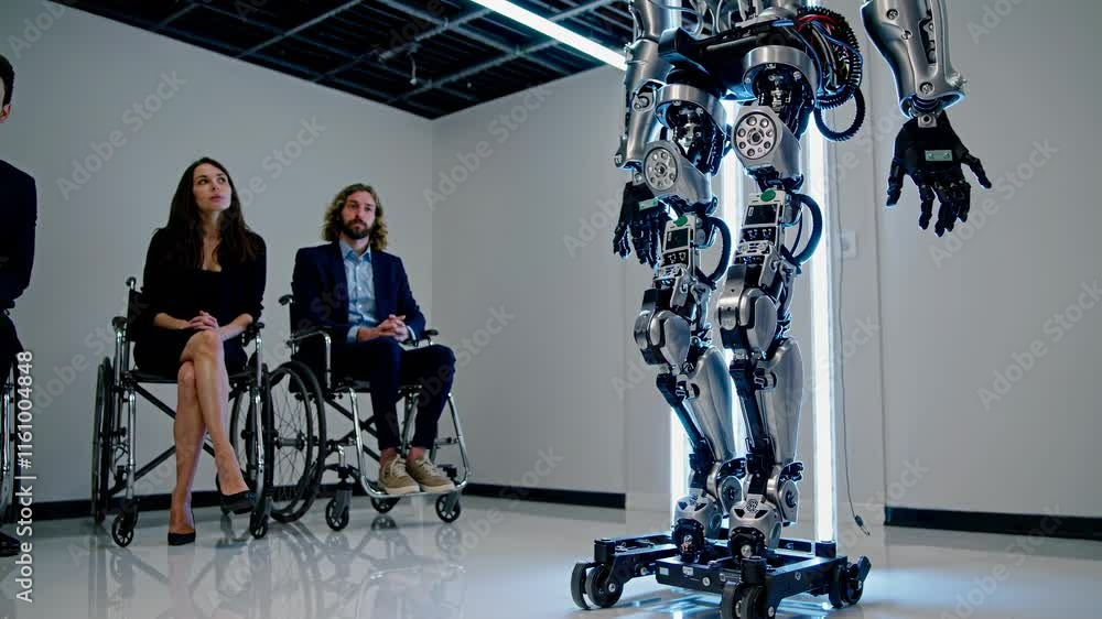 Poster demonstration of advanced robotics technology in an innovation lab setting with participants observi