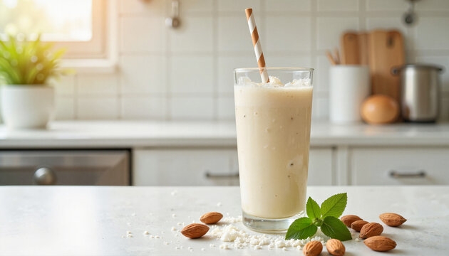 Almond milk glass with straw on kitchen countertop with almonds and fresh mint leaves