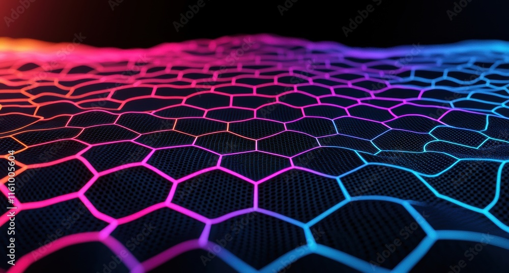 Poster vibrant hexagonal pattern with neon glow on dark background
