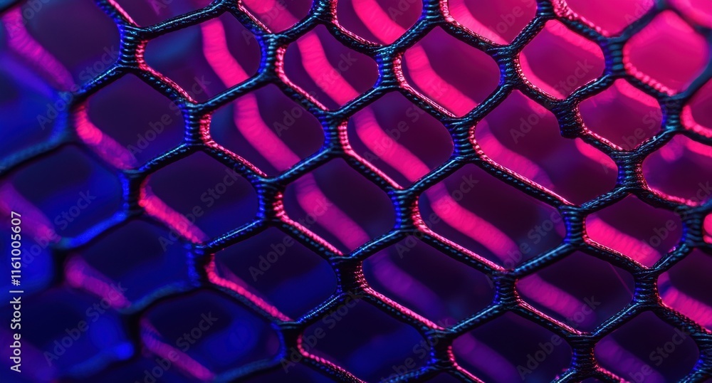 Poster colorful hexagonal mesh pattern with vibrant lighting effects