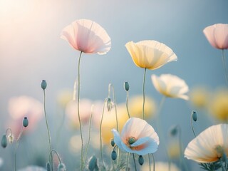 Flower background of delicate poppy flowers in pastel tones