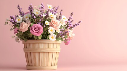 Fototapeta premium Pastel Flowers in a Wooden Basket on Pink Background