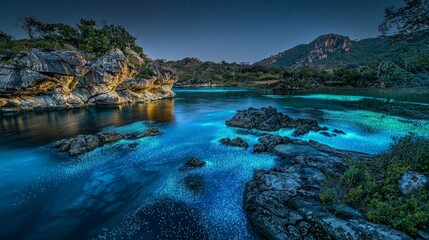 Bioluminescent water glowing at night in a calm lake, surrounded by rocks and hills under a starry sky.