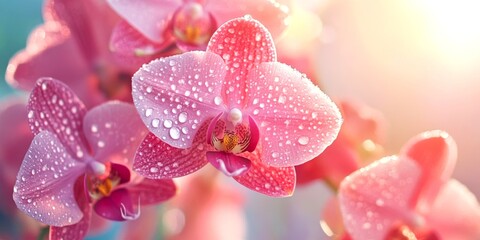 Fototapeta na wymiar Beautiful pink orchids glisten with water droplets in soft sunlight. This close-up image captures the delicate features of the flowers. Ideal for nature lovers and decor. AI