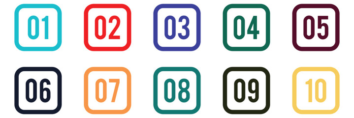 Colorful bullet point number. Number bullet point design element set. List numbers for infographics. Number bullet points from one to ten. Vector illustration.