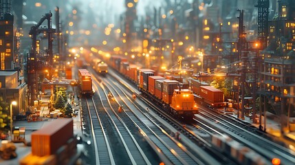 Miniature city with train and cargo containers at night.