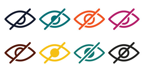 Invisible eye hide icon, incognito icon no eye view hidden icon set. Vision icon, unsee icons, eyesight symbol, sight look sign.
