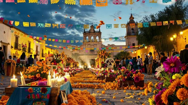 Day of the Dead celebration in a Mexican town square with traditional costumes and vibrant decorations