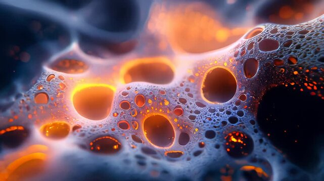 Illuminated orange bubbles with intricate details against a dark background, creating a captivating abstract display of light and shadow